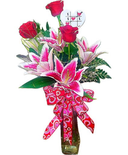 Tracy's Treat  Vase arrangement with red roses and stargazer lilies