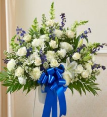 Tribute Blue & White Floor Basket Arrangement  sympathy