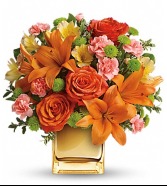TROPICAL PUNCH GOLD MIRRORED CUBE FRESH ARRANGEMENT