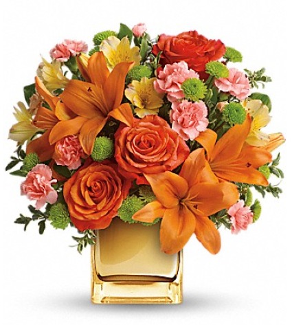 TROPICAL PUNCH GOLD MIRRORED CUBE FRESH ARRANGEMENT