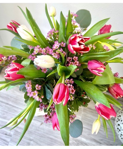 Tulip Time!  All Roses in Short Vase 