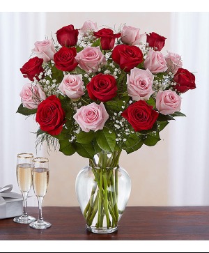 Two Dozen Red and Pink Roses  Glass Vase 