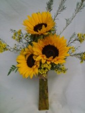 3 Large Sunflowers with filler in a tall vase! (E)  VASE IS CLEAR