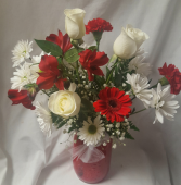 "RED AND WHITE ROMANCE"...(VD)..RED OR WHITE  Roses with red and white flowers in stock in mason jar(Substitution if some flowers are not available) 