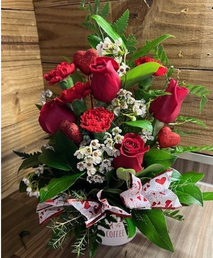 Valentine mugs, with red roses and carnations Mug arrangement