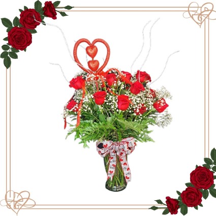 Valentine Two Dozen w Baby's Breath Water Vase