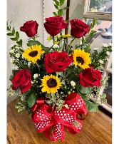 Sunshine for Mom  red roses with sunflowers 