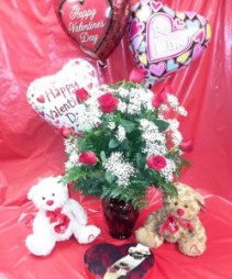 Valentine's Bundle Dozen Long-Stemmed Red Roses, Chocolates, Bear & Balloon