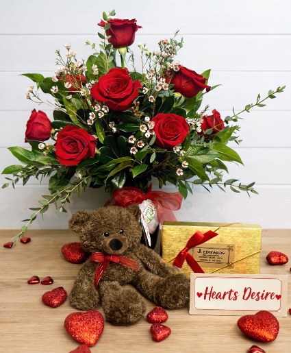 Hearts Desire #1 Roses, Teddy Bear & Chocolates Bundle