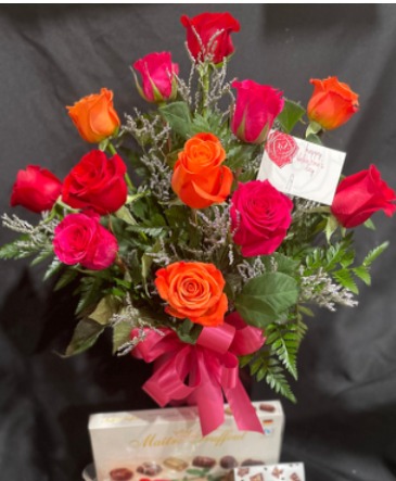 SOLD OUT-Valentines 2026 Combo  Dozen Assorted Roses in Vase with Box of 6 Truffles in Red Lake, ON | FOREVER GREEN GIFT BOUTIQUE