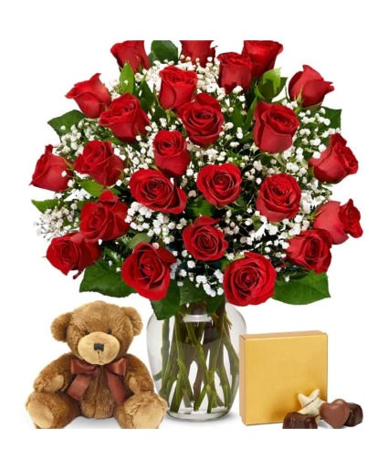 VALENTINE'S DAY CUPID SPECIAL ROSES, CANDY & STUFFED BEAR