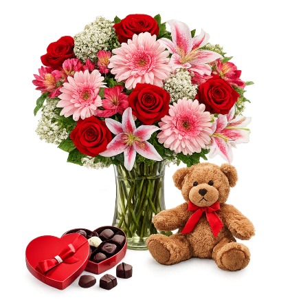 Valentines Surprise Bouquet, Chocolates and Plush