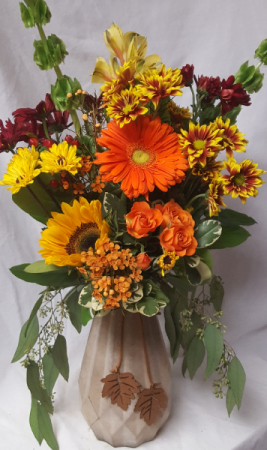 Elegant Dangling Leaf Bouquet...Autumn  (F) ceramic vase arranged with bright seasonal flowers...(vase color may differ...but all fall related)great keepsake vase