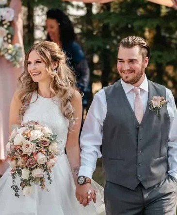 Romantic Roses Cascade  Micro Wedding Package Wedding Bouquet and Boutonniere in Edmonton, AB | PETALS ON THE TRAIL