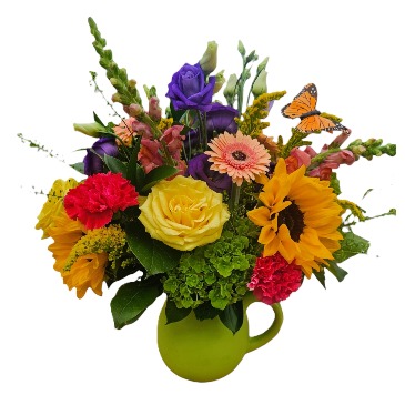 Vivid Meadows Pitcher Floral Arrangement in Allendale, NJ | Rohsler's Allendale Nursery & Florist