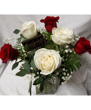 3 red and 3 white roses arranged in a vase (R) with a CONGRATS pick!