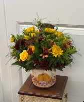 Warm Fall Ceramic Container with Fresh Flowers
