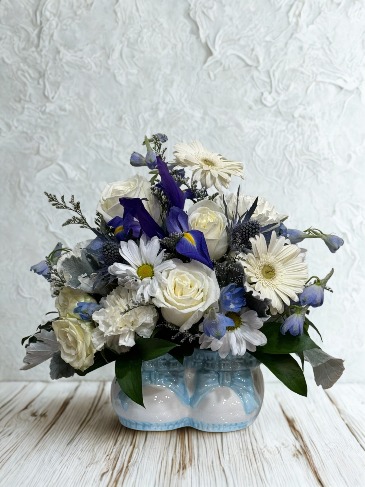 Welcome, Baby Boy! Keepsake Booties Arrangement in Mechanicsville, VA | Christy's Cottage - Home of Flowers by Zoie