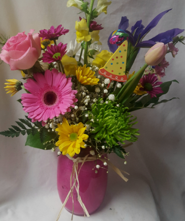 Colored Mason Jar with bright seasonal  (E) flowers and birthday pic!!