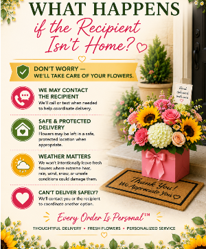 What Happens if the Recipient Isn't Home? Call Us for Faster Service & Daily Specials: (915) 303-8500 Text Us to Order Anytime: (915) 505-3708 Your trusted source for Flowers & Delivery in El Paso TX