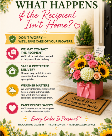 What Happens if the Recipient Isn't Home? Call Us for Faster Service & Daily Specials: (915) 303-8500 Text Us to Order Anytime: (915) 505-3708 Your trusted source for Flowers & Delivery in El Paso TX