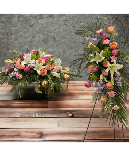 Whimsical Tribute  Casket Cover and Standing Spray 