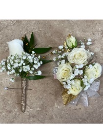 White and Gold Corsage Boutionere set  