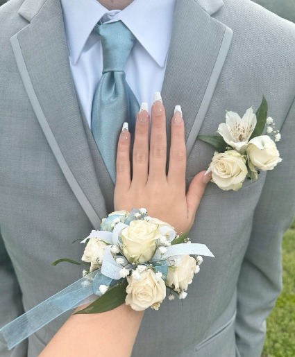 White and Light Blue Corsage OR Boutonnière