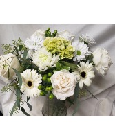 WHITE AND MINT GREEN FLOWER ..(S) BOUQUET arranged in a vase...Flowers may vary depending on stock and time frame when ordering but they will be all white and mint green