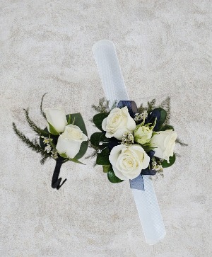 White and Navy Blue Corsage and Boutonniere