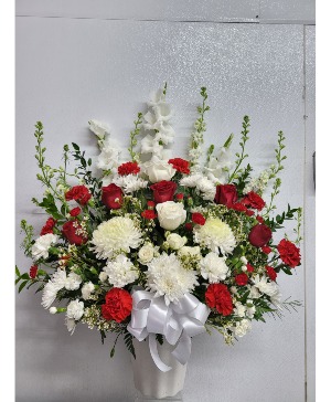 White and red pedestal arrangement  Sympathy 