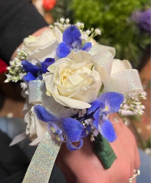 White and Royal Blue Wrist Corsage