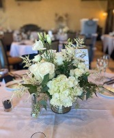 White Astilbe & Roses Compote Arrangement