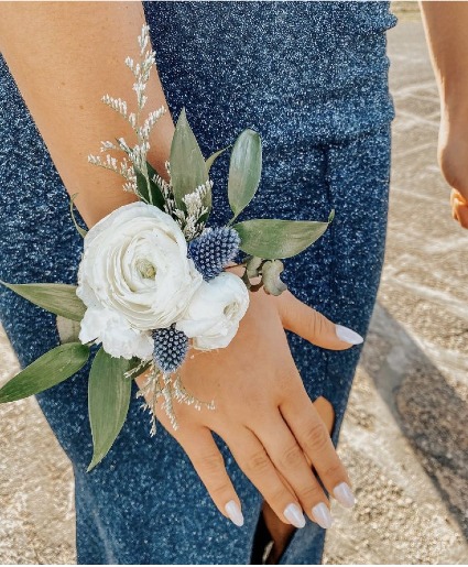 White, Blue, and Greenery Corsage