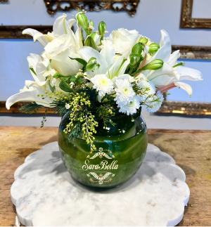 WHITE BUBBLE BOWL VASE OF FLOWERS 