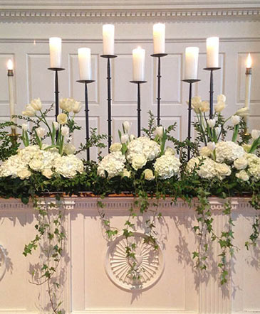 White Candle Garden Altar Arrangement in Albany, NY | Ambiance Florals & Events
