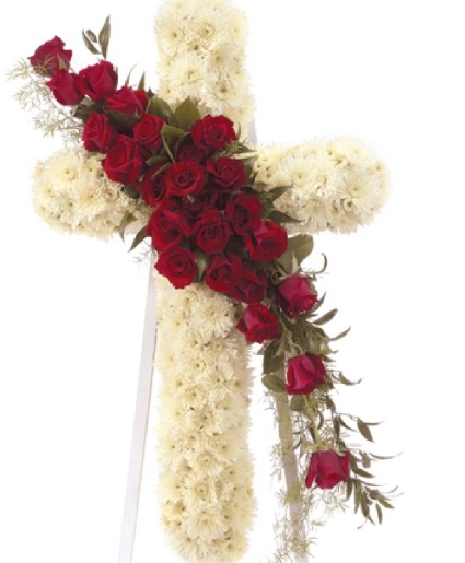 HONOR CROSS WITH RED ROSES EASEL SPRAY