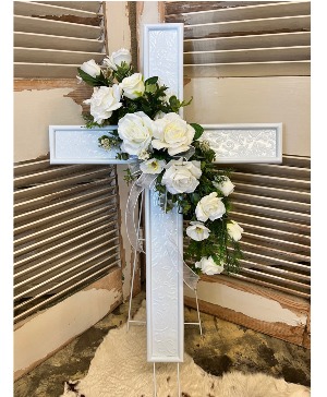 White Cross w/silk Flowers Sympathy Arrangement