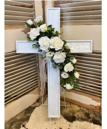 White Cross w/silk Flowers Sympathy Arrangement