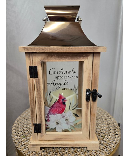 White Floral With Cardinal Lantern LED Lantern