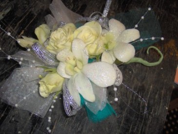 White Flowers with Blue Accent Prom Corsage in Spring Green, WI | Prairie Flowers & Gifts