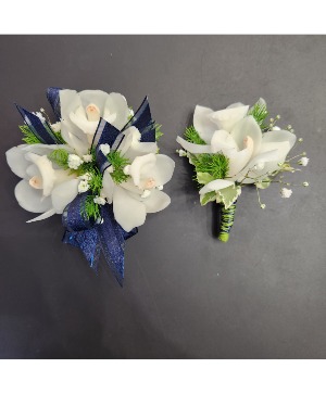 White Orchid Graduation Set Corsage and Boutonniere