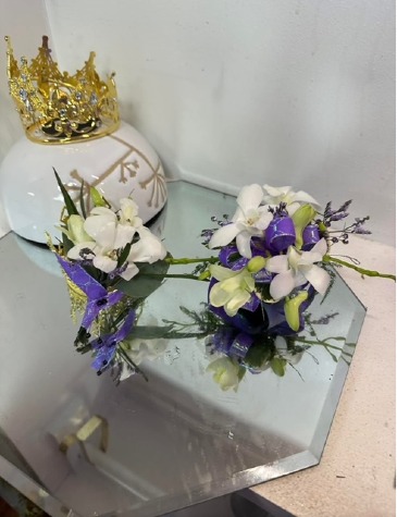 white orchids prom  set Corsage and matching boutonnière  in Angier, NC | JABEZ FLORISTRY