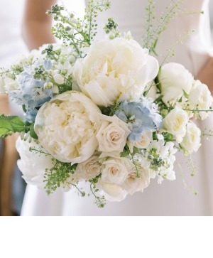 white peonies, roses with blue delphinium prom