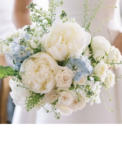 white peonies, roses with blue delphinium prom