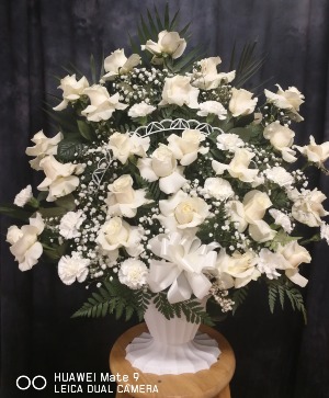 white Rose and carnation  basket 