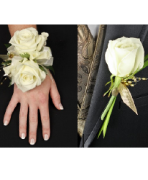 White Rose Corsage and Boutonniere Bundle 