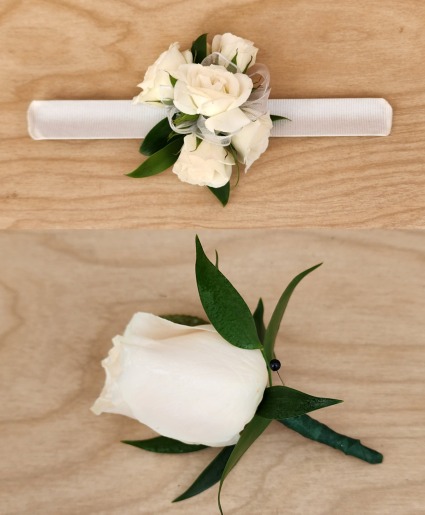 White Rose Duo Corsage and Boutonniere Set Corsage Boutonniere set