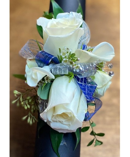 White Rose with Blue and Silver Accents Wrist Corsage