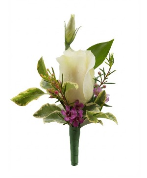 White Rose with Purple Waxflower  Boutonniere
